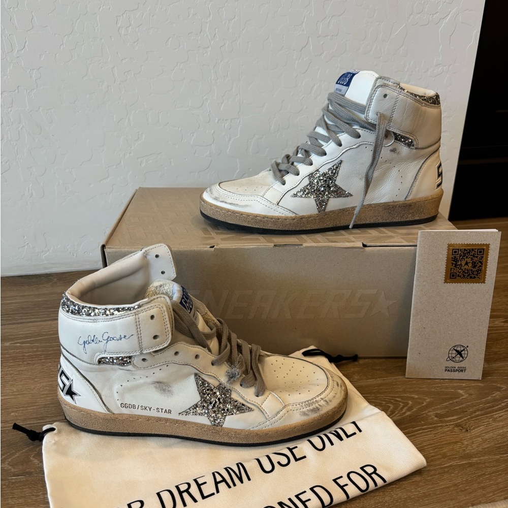Golden Goose white High-Tops with Silver Glitter Star